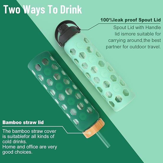 32oz Water Bottles with Straw and 2 Lids Spout Lid & Bamboo Lid, Glass Tumblers with Top Handle, BPA FREE Reusable Glass Water Bottle with Silicone Sleeve-1 Pack