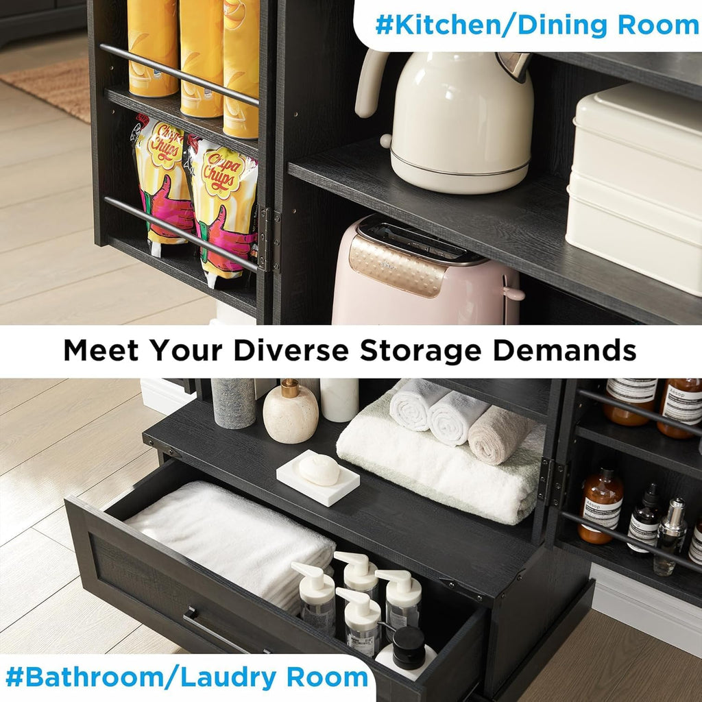 72" Farmhouse Kitchen Pantry Cabinet with Drawer, Tall Storage Cabinet with 2 Barn Doors and Shelves, Versatile Large Rustic Storage for Dining Room, Bathroom, Living Room, Black