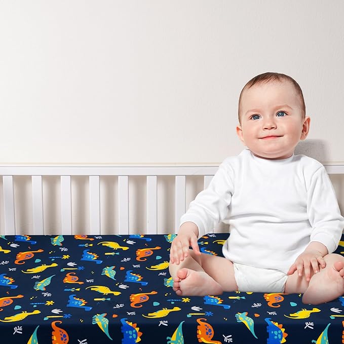 3 Pack Fitted Crib Sheets, Ultra Soft Breathable Comfortable Baby Sheet Set for Boys Girls Neutral, 28x52 Inch Fits Standard Crib and Toddler Mattresses, Dinosaur
