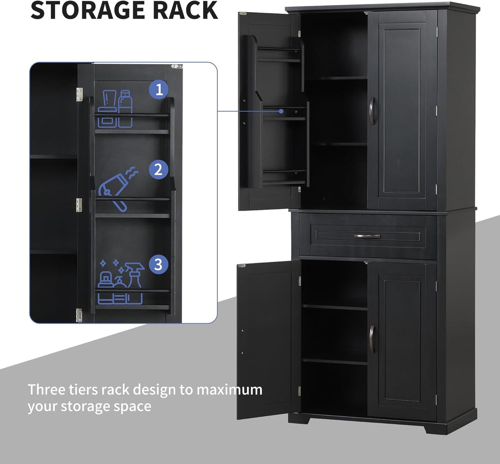 72.2" Tall Storage Cabinet with 4 Doors and Drawer, Freestanding Linen Cabinet, Wooden Pantry with Adjustable Shelf for Kitchen, Bathroom, Living Room Black