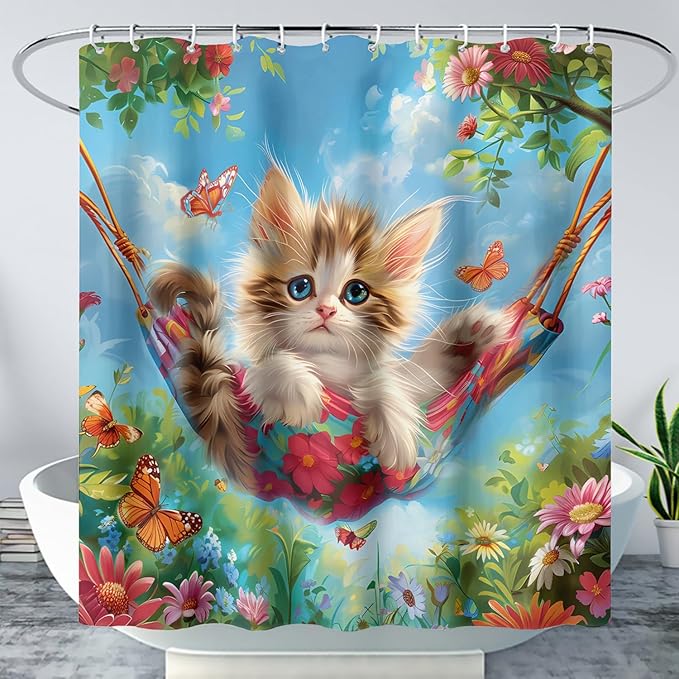 AILONEN Kawaii Cat Shower Curtain Set, Swing Cat with Butterfly Waterproof Fabric Shower Curtain for Kids Boys Girls,Cartoon Pet Cats Cloth Bath Curtain,72" W*96" H