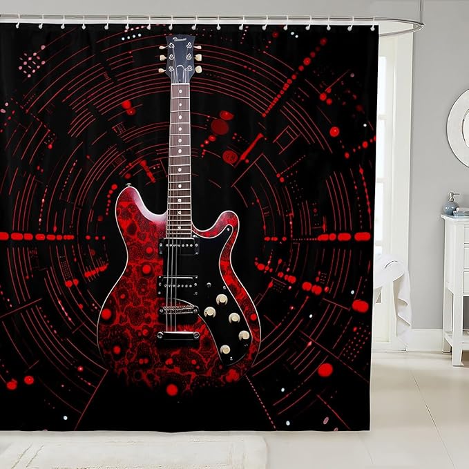 Feelyou Red Guitar Bathroom Waterproof Accessories with 12 Hooks Guitar Instruments Fabric Shower Curtain for Boys Girls Rock Music Shower Curtain Splash-Ink Curtains,72x72 Inches