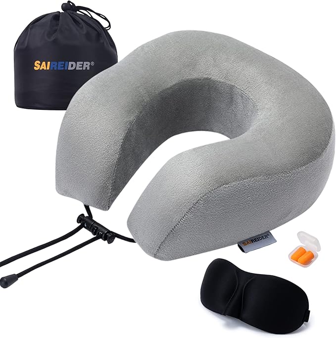 SAIREIDER Airplane Pillow 100% Memory Foam Neck Pillow for Airplanes Flight Rest Best Adjustable Travel Neck Support Pillows-Prevent The Heads from Falling Forward (Grey)
