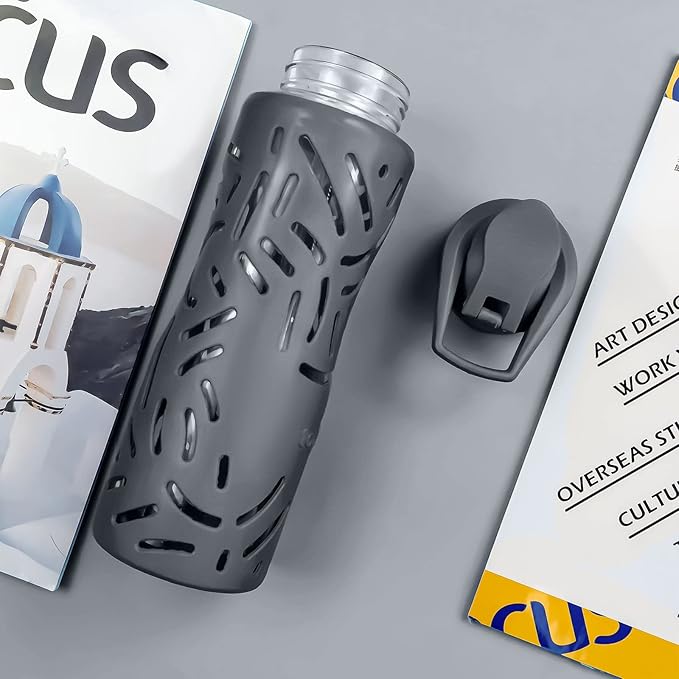 25oz Glass Water Bottles with Silicone Sleeve, 3 Different Lids (BPA Free) for Wide Mouth Glass Drink Bottles for Fitness and Outdoor (Grey)