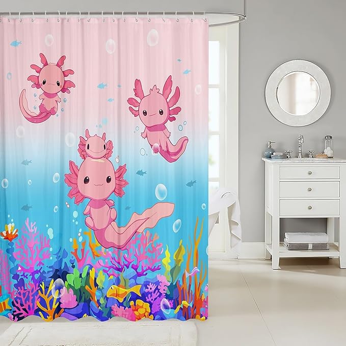 Feelyou Boys Girls Cute Axolotl Bath Curtain Ocean Sealife Shower Curtain Kids Cartoon Salamander Bathroom Shower Curtain Set Kawaii Teens Bathroom Accessories Room Decor 72"x72"
