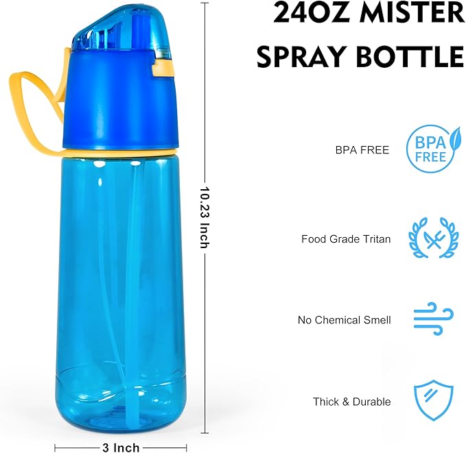 24 oz Sports Water Bottle with Spray Mist, Portable Water Mister Spray Bottle for Drinking, 2-In-1 Mist and Sip Bpa-Free Plastic Misting Water Bottle For Fitness and Outdoor, Wihte 1 Pack