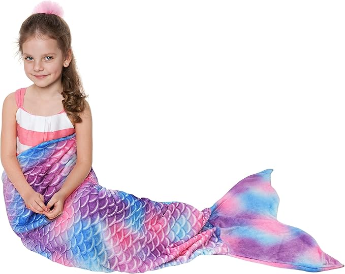 Catalonia Kids Mermaid Tail Blanket, Super Soft Plush Flannel Sleeping Snuggle Blanket for Girls, Rainbow Tie-dye, Fish Scale Pattern, Gift Idea