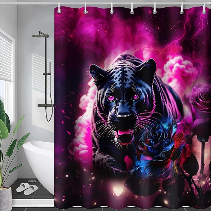AILONEN 3D Black Panther Shower Curtain for Bathroom,Romantic Rose Smoky Leopard Printed Bath Curtain,Wildlife Cheetah Decoration Shower Curtain Waterproof 72" W*78" H