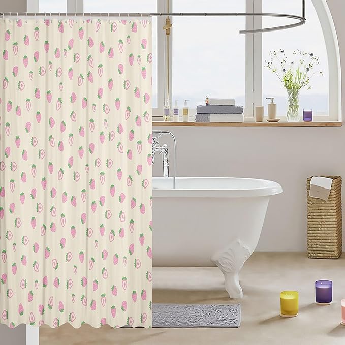 Feelyou Strawberry Fabric Shower Curtain Ivory White Shower Curtain for Kids Boys Girls Kawaii Fruit Bathroom Waterproof Accessories with 12 Hooks Cute Curtains,72x84 Inches