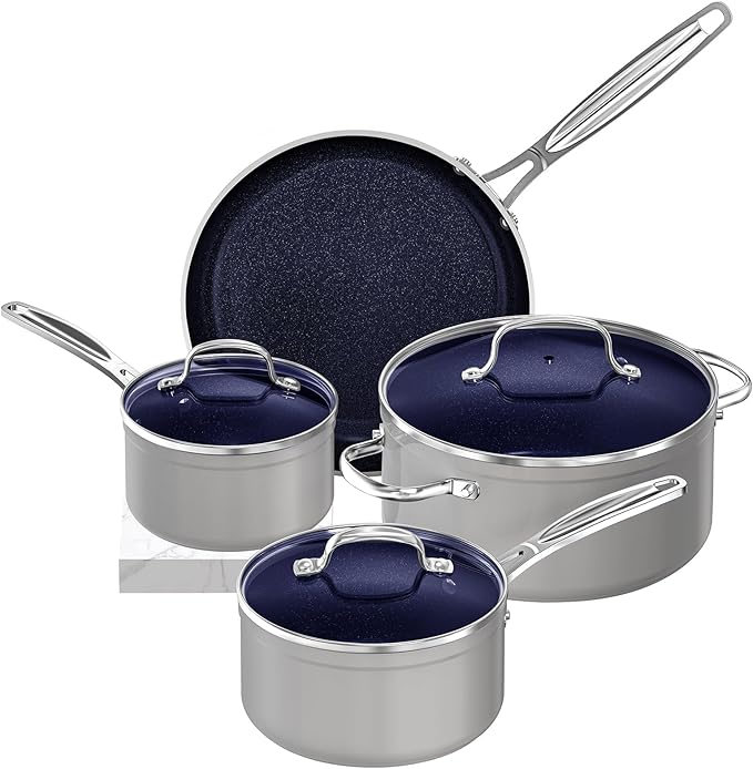 Nuwave 7pc Cookware Set Healthy Duralon Blue Ceramic Nonstick Coated, Diamond Infused Scratch-Resistant, PFAS Free, Oven Safe, Induction Ready & Evenly Heats, Tempered Glass Lids & Stay-Cool Handle
