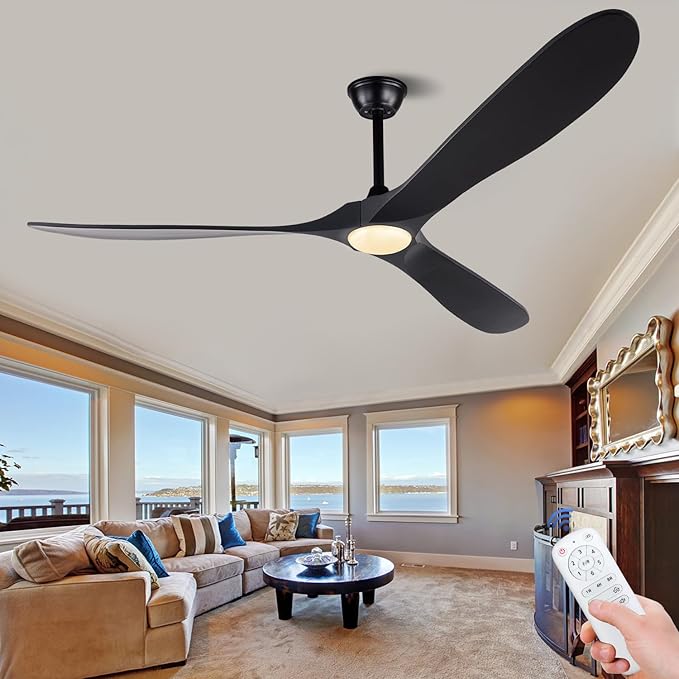 BOJUE 72 Inch Black Ceiling Fans with Lights and Remote Control, Indoor Outdoor Ceiling Fan, Wood Ceiling Fan flush mount with 3 Wood Blade for Bedroom Patio Living Room (Black Blades)