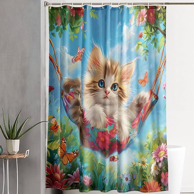 AILONEN Kawaii Cat Shower Curtain Set, Swing Cat with Butterfly Waterproof Fabric Shower Curtain for Kids Boys Girls,Cartoon Pet Cats Cloth Bath Curtain,72" W*84" H