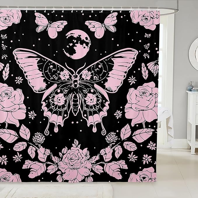 Feelyou Pink Butterfly Fabric Shower Curtain Cover Botanical Floral Shower Curtain for Kids Boys Girls Butterflies Bathroom Waterproof Accessories with 12 Hooks Flying Curtains,72x72 Inches