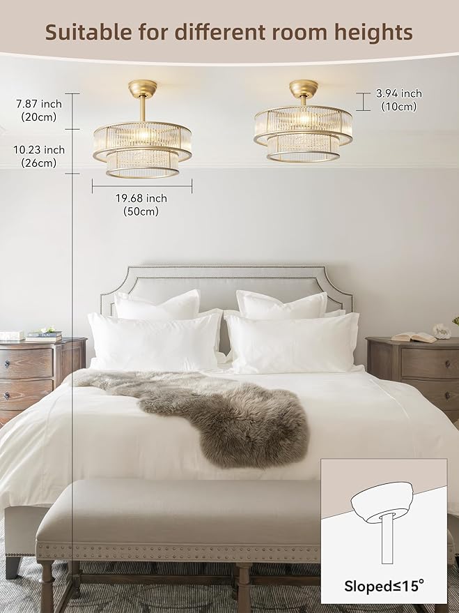 20" Gold Crystal fandelier Ceiling Fan with Lights,Gold Caged Chandelier Ceiling Fan with Light Remote Control,Enclosed Mid Century with 6 Speeds for Bedroom,Living Room,Nursery