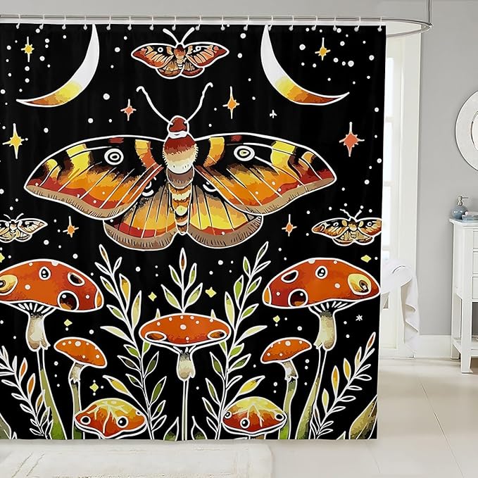 Feelyou Death Moth Shower Curtain Hippy Mushroom Fabric Shower Curtain for Kids Boys Girls Boho Moon Phase Bathroom Waterproof Accessories with 12 Hooks Bohemian Style Curtains,72x84 Inches