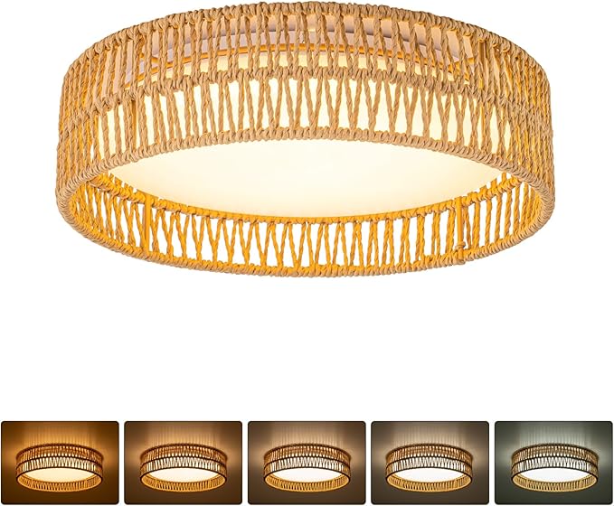 SineRise 12" Flush Mount Ceiling Light,25W LED Rattan Ceiling Light Fixture,Dimmable Handmade Boho Light Fixtures with Rattan,Farmhouse Lighting Fixtures Ceiling for Hallway Kitchen Bedroom(Gold)