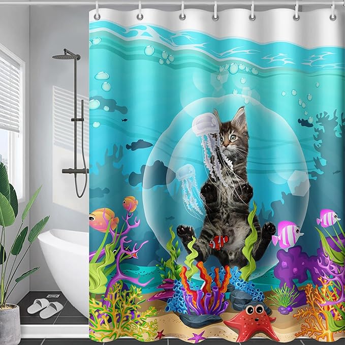 AILONEN Funny Cat Shower Curtain for Bathroom, Ocean Animal Print Shower Curtain, 48" W*72" H Waterproof Polyester Cat Lover Shower Curtain Decor Bathroom with Grommets and Hooks