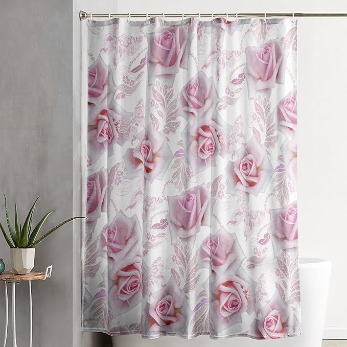 AILONEN Girls Rose Shower Curtain 72" W*72" H, Pink Rose Shower Curtain with 12 Hooks,Waterproof Floral Shower Curtain for Bathroom,Romantic Flower Pink Shower Curtain