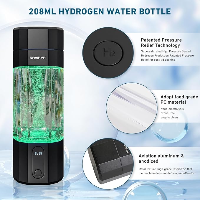2024 New Upgrade 10000PPB Hydrogen Water Bottle Seven Colorful Light Double Anti-Slip and Leak-Proof Hydrogen Water Generator with Pressure Relief Valve-Black