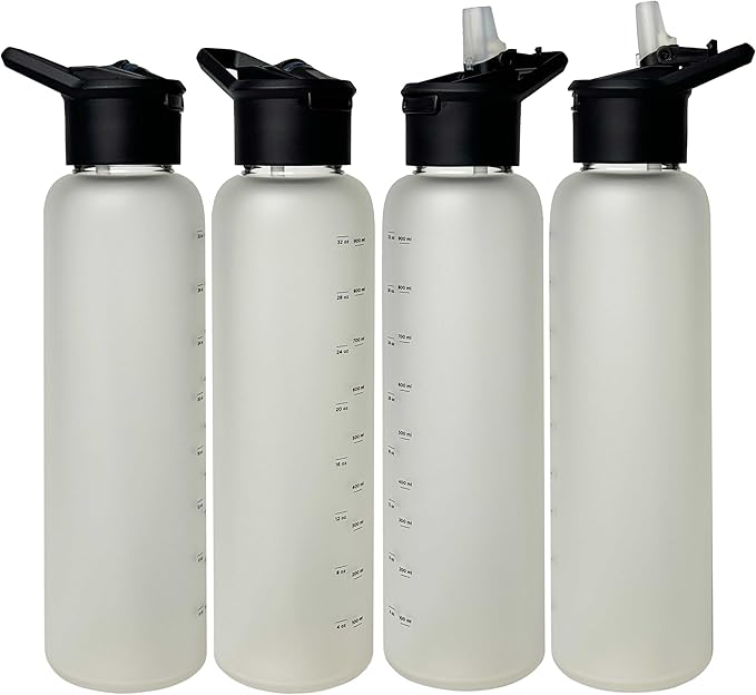 32 oz Motivational Glass Water Bottle with Straw Lid and Neoprene Sleeve | Sport Water Bottle with Measurements (Black)