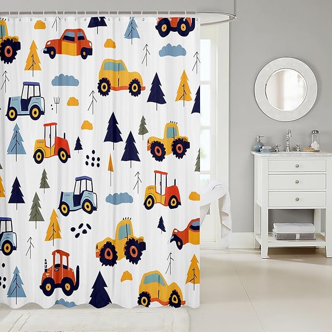 Feelyou Excavator Shower Curtain Cartoon Car Bathroom Shower Curtain Set Construction Vehicles Bath Curtain for Kids Boys Girls Equipment Trucks Kids Bathroom Accessories 72"x72"