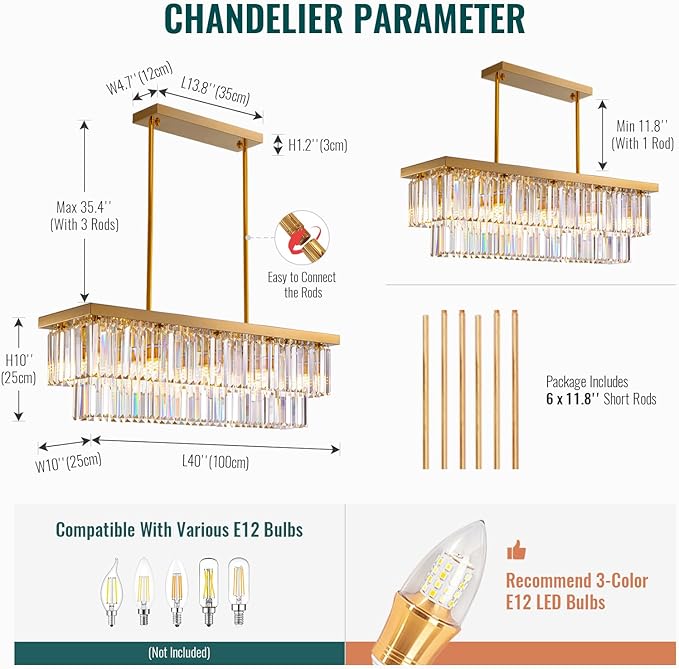 Siljoy 10 Lights Modern Crystal Chandelier Gold Rectangular 2 Tiers Crystal Raindrop Chandelier Luxury Adjustable Rectangle Flush Mount Pendant Ceiling Light for Dining Room Kitchen Island Bar L40''