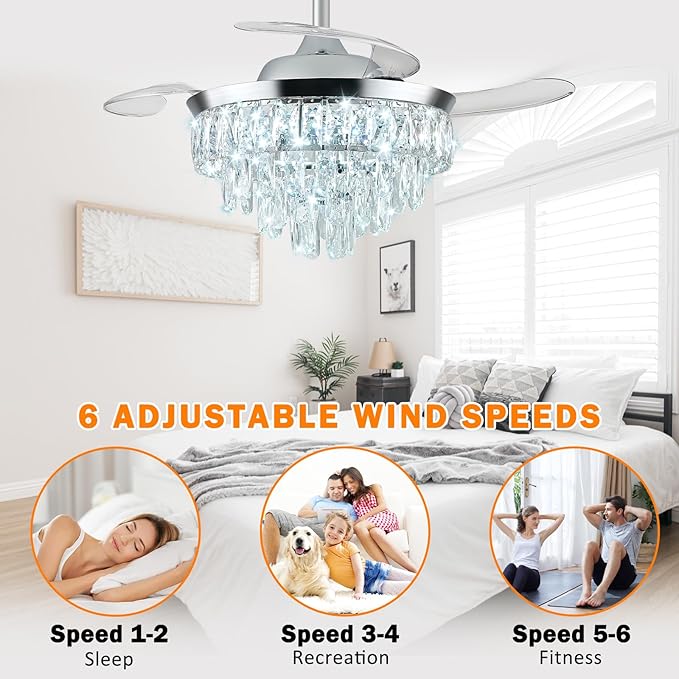LEONTYNE 36" Modern Crystal Ceiling Fan with Lights and Remote Invisible Retractable LED Dimmable Chandelier Fan 3 Blades 6 Speeds Fandelier for Bedroom Living Room Dining Room (Polished Chrome)