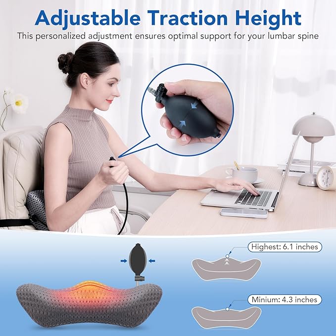 Lumbar Support Pillow Adjustable Traction Height with Heating for Lower Back Pain Relief, Memory Foam Back Pillow, Ideal for Office Chair, Recliner, Car Seat, Bed