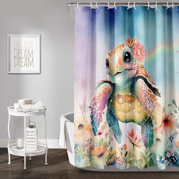 AILONEN Kawaii Sea Turtle Shower Curtain,Tie Die Ocean Animal Themed Bath Curtain Cloth Fabric Bathroom 48" W*72" H Inch,12 Pack Hooks for Kids Child Cute Watercolor Sea Animal Bathroom Curtain