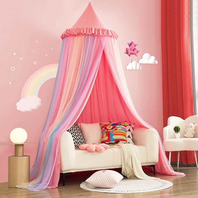 Kertnic Rainbow Bed Canopy for Girls Dreamy Mosquito Net for Bed Round Dome Princess Bed Canopy Girl Room Play Tent Kids Canopy Bed Netting Curtains (Nordic Pink Rainbow)