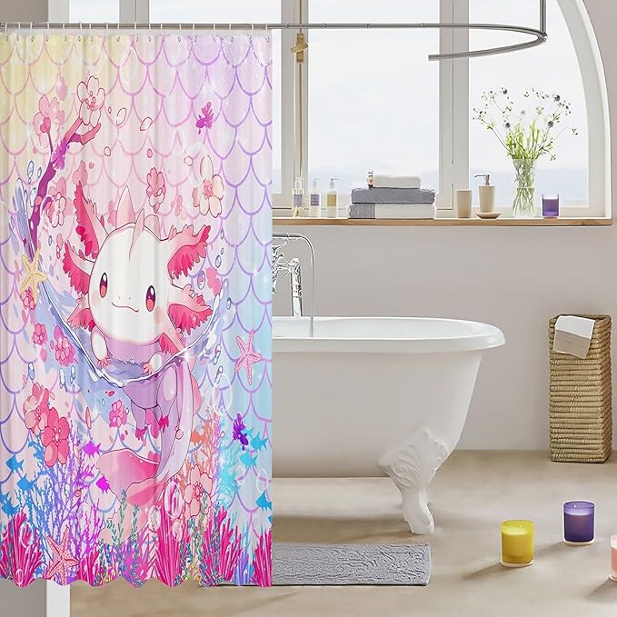 Feelyou Boys Girls Cute Axolotl Bathroom Shower Curtain Set Ocean Sealife Bath Curtain Kawaii Shower Curtain Kids Cartoon Salamander Teens Bathroom Accessories Room Decor 72"x78"