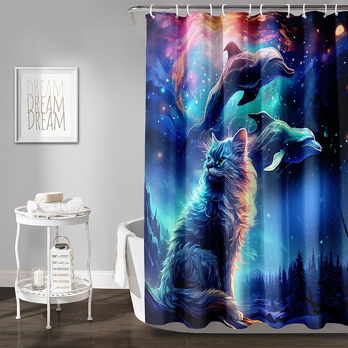 AILONEN 3D Kawaii Cat Shower Curtain Set,Cat Lovers Animal Waterproof Fabric Bath Curtain for Kids Girls,Jumping Dolphin Shower Curtain,Starry Night Shower Curtains for Bathroom Decor, 72" W*72" H
