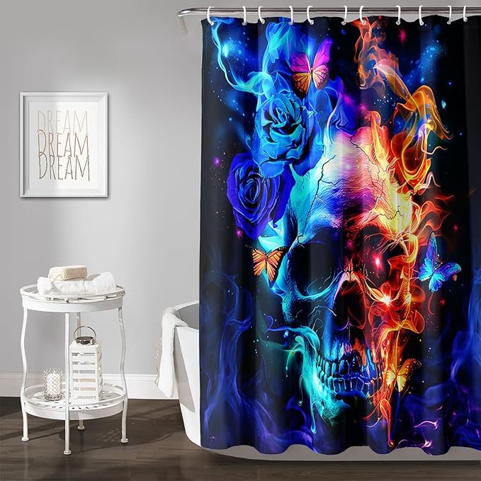 AILONEN Sugar Skull Shower Curtain,Blue Rose Flower Skull Bath Curtain,3D Printed Fire Skull Waterproof Curtain,Galaxy Butterfly Shower Curtain for Bathroom 72" W x 72" H