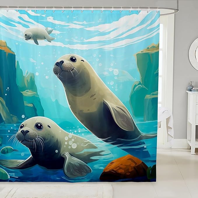 Feelyou Manatee Fabric Shower Curtain for Kids Boys Girls Cute Manatee Bathroom Waterproof Accessories with 12 Hooks Ocean Animal Shower Curtain Ocean Theme Curtains,72x78 Inches