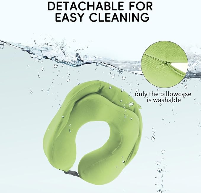 Travel Pillow with Hood for Airplane, 100% Pure Memory Foam Hooded Neck Pillow for Traveling, Car, Office, Soft, Machine Washable, Easy Storage, Green