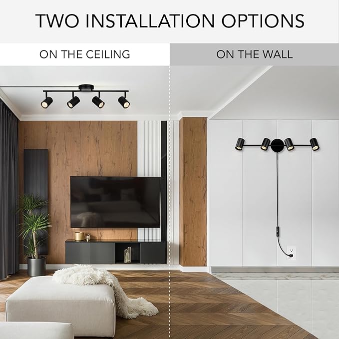 Globe Electric 64000119 26" 4-Light Plug-in Track Lighting, Matte Black, Pivoting Track Heads, 15-Foot Black Cord, in-Line on/Off Rocker Switch