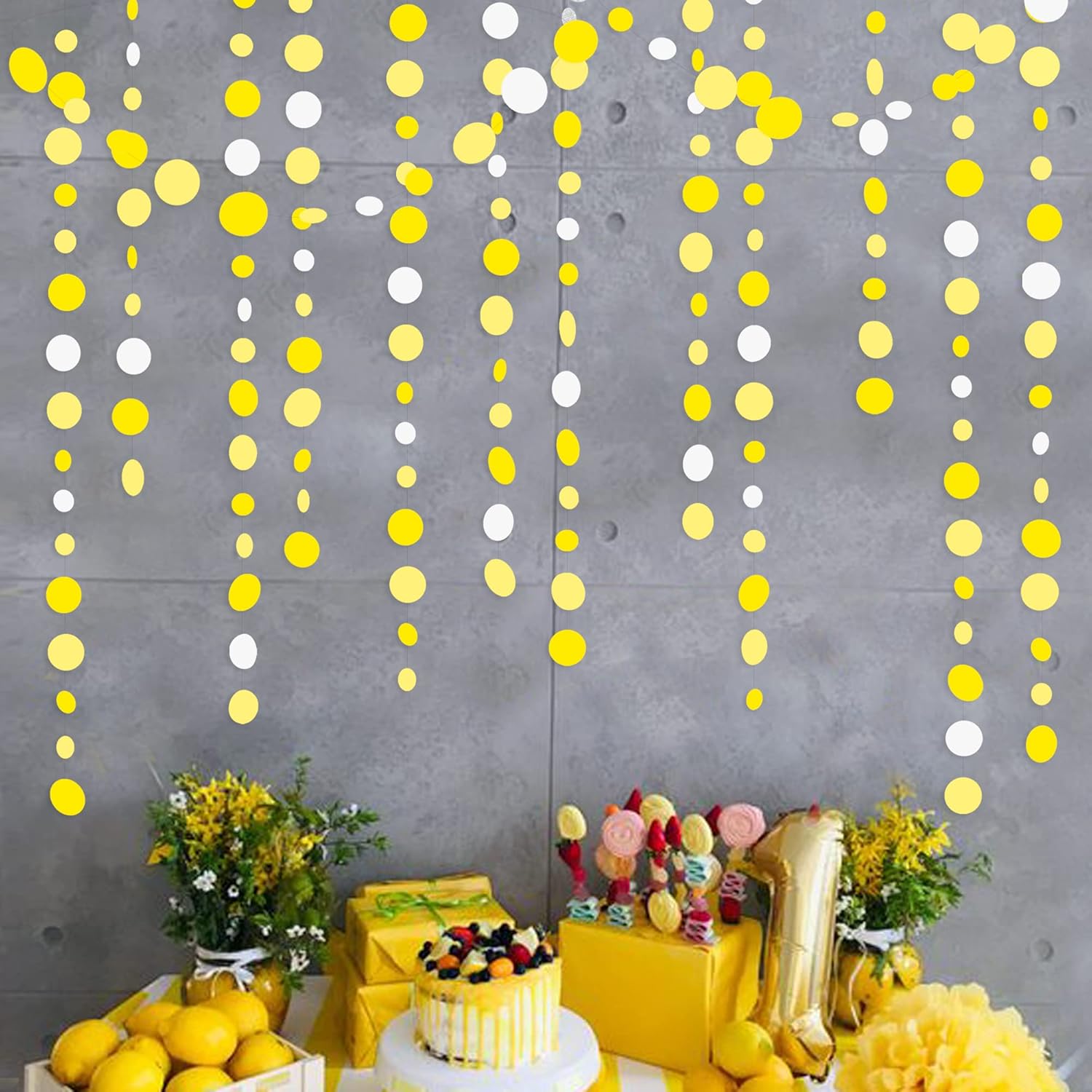 46 Ft Yellow White Circle Dots Garland Gradient Yellow Polka Dot Hanging Paper Streamer for Wedding Bridal Shower Birthday Baby Shower Engagement Bee Sunflower Lemon Theme Party Decorations Supplies