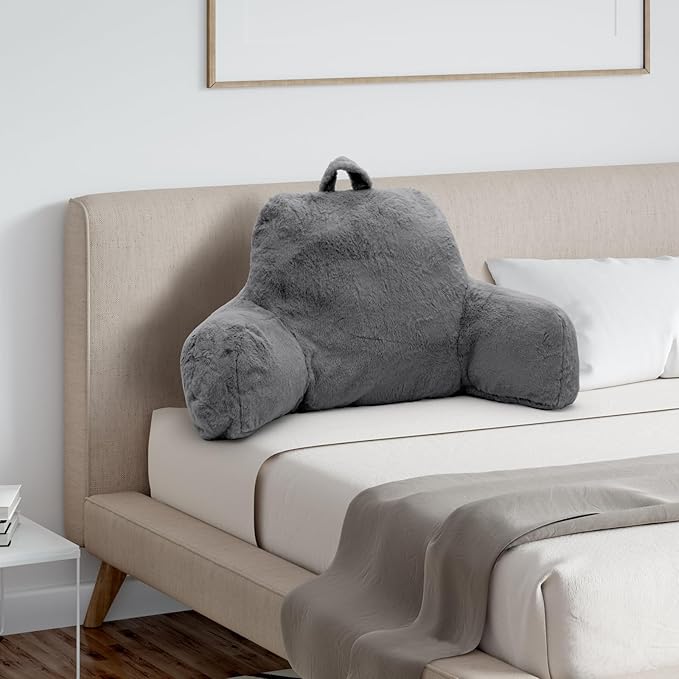 Reading Pillow for Sitting in Bed Adult, Standard Reading Pillow with Memory Foam, Back Pillow for Bed Sitting Up with Extend Arms, Bed Reading Pillow, Grey