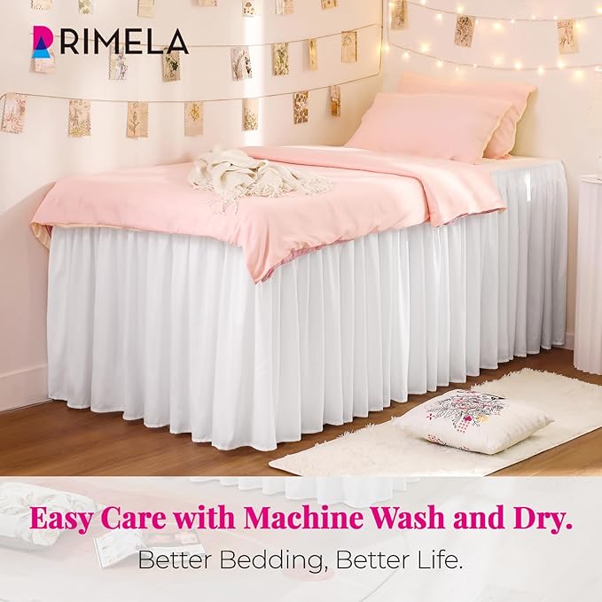 RIMELA Dorm Bed Skirt Twin XL 25 Inch Drop, Extra Long Wrap Around Elastic Bed Skirts Easy to Put On Twin Size Dust Ruffle, White Bedskirt for Adjustable Bed Base Solid Silky Fabric Machine Washable