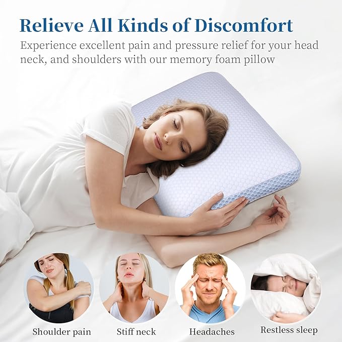 QUTOOL Memory Foam Pillows 2 Pack, Ventilated Bed Pillow with Cooling Washable Cover, Cervical Contour Pillow for Side Back Sleeper, Blue White