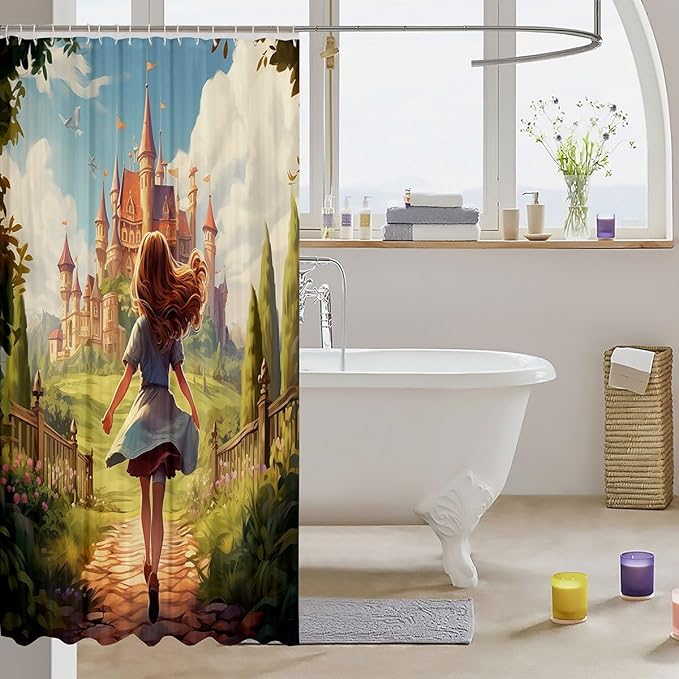 Feelyou Pretty Girl Bathroom Waterproof Accessories with 12 Hooks Castle Fabric Shower Curtain for Girls Pricess Style Shower Curtain Fancy Theme Curtains,72x78 Inches