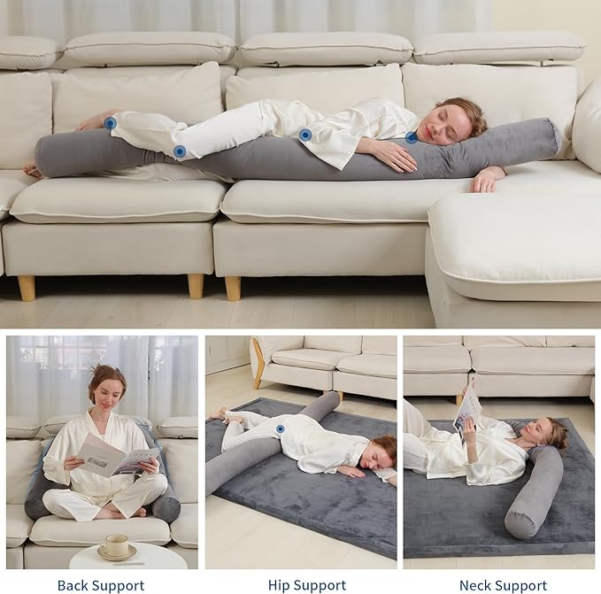 Long Body Pillow for Adults,Full Body Pillow with Velvet Pillowcase,Round Bolster Pillow for Sleeping,Hug Pillow(Gray,75×6 inch)