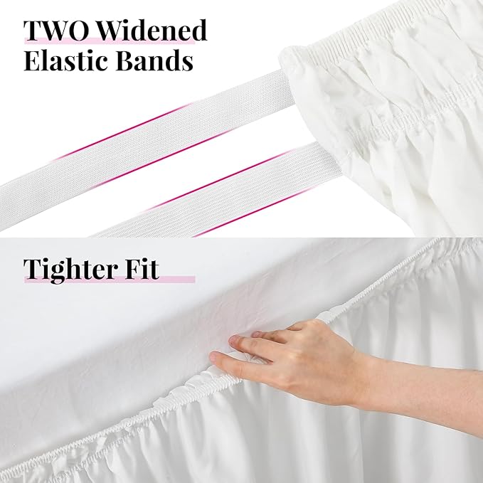RIMELA Bed Skirt Wrap Around Elastic Dust Ruffles Solid Color Wrinkle and Fade Resistant with Adjustable Elastic Belt Easy to Install White for King & California King Size 18 Inch Drop