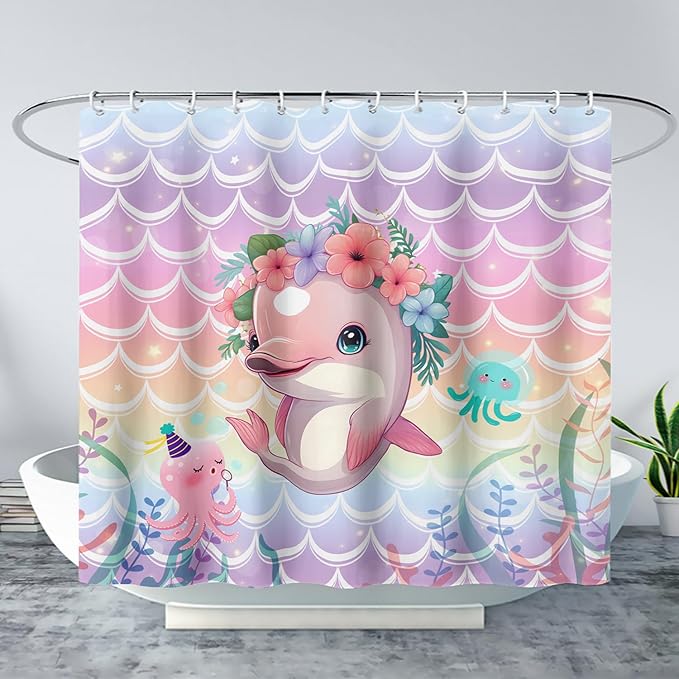 AILONEN Cute Dolphin Shower Curtain,Beautiful Sea World Theme Bath Curtain Cloth Fabric Bathroom 48" W*72" H Inch,12 Pack Hooks for Kids Child Cute Pink Dolphin Sea Animal Bathroom Curtain