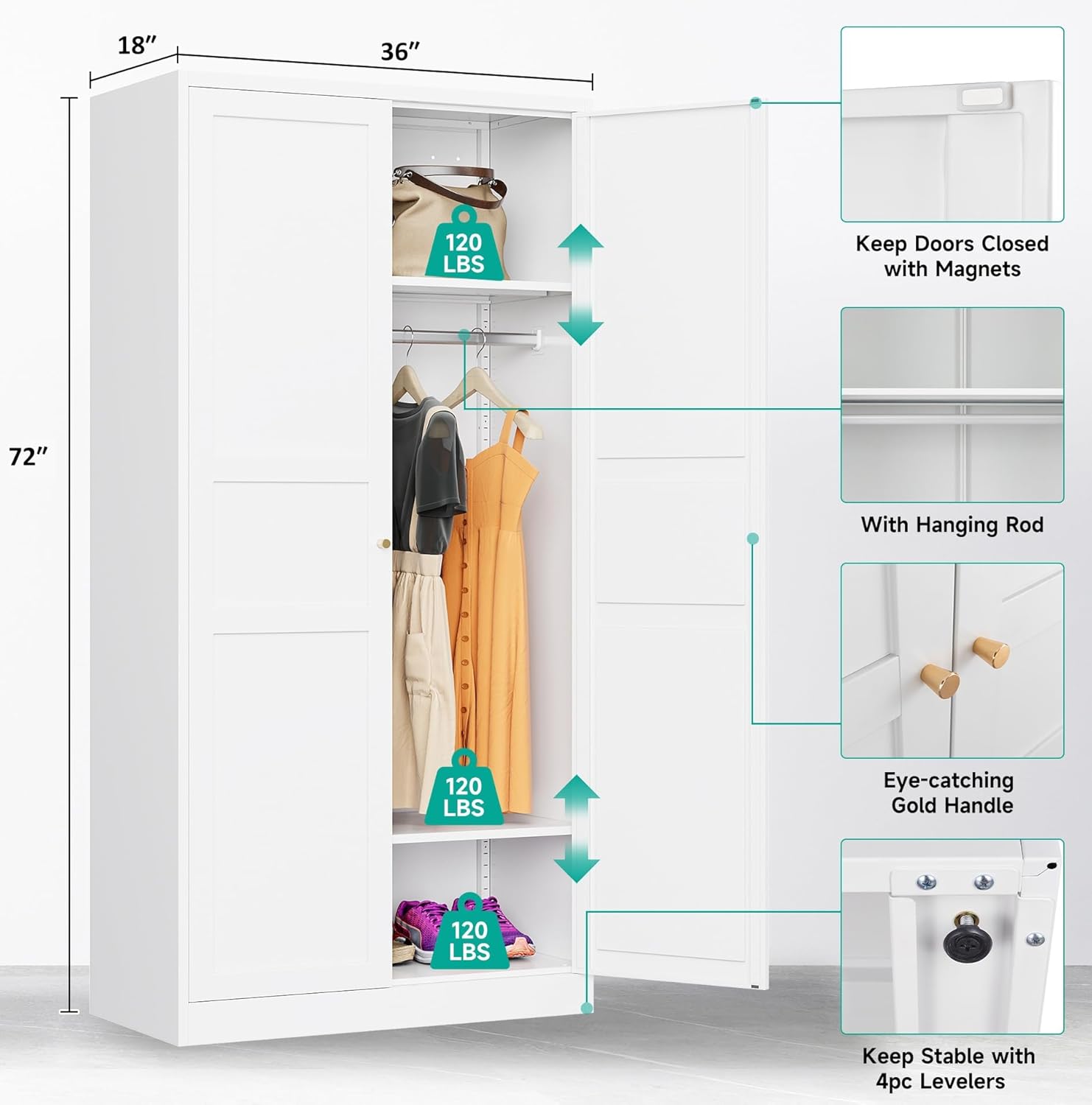 Metal Wardrobe Cabinet with Hanging Rod,White Armoire Wardrobe Closet,Metal Clothing Storage Cabinet with Adjustable Shelves and Doors,72" Wardrobes Storage Cabinet for Home,Living/Laundry Room