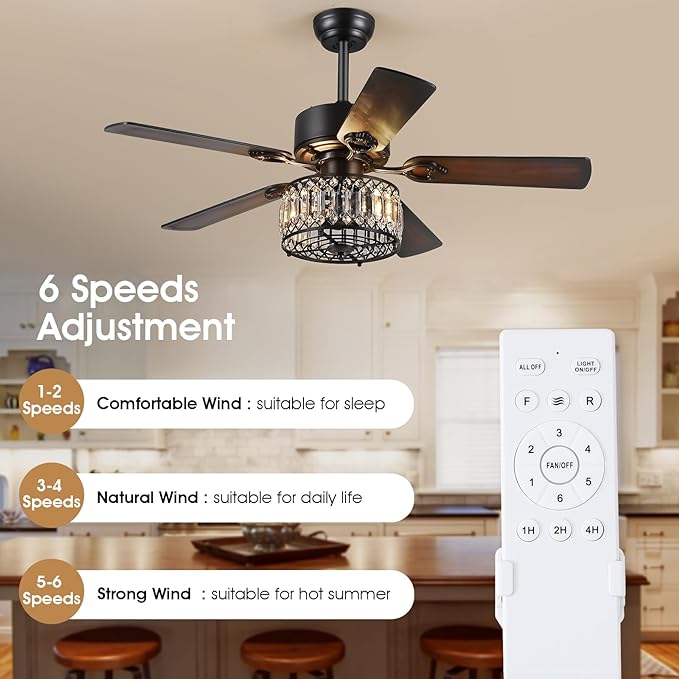 Chandelier Ceiling Fans with Lights, Crystal Ceiling Fan with Remote, 48 Inch Farmhouse Fandelier Ceiling Fan for Living Room Dining Room Bedroom, Dual Finish Wooden Blades, Black