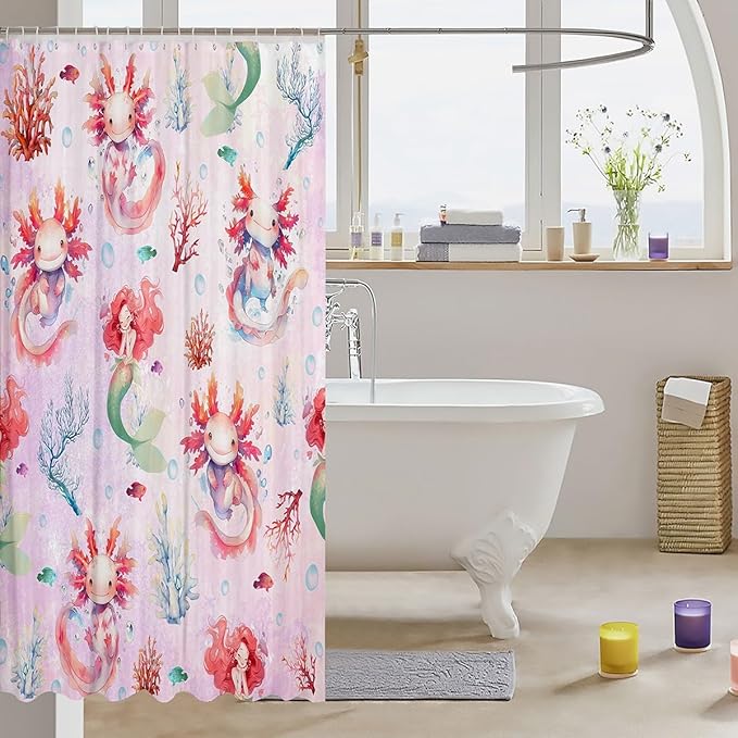 Feelyou Boys Girls Cute Axolotl Bath Curtain Ocean Sealife Bathroom Shower Curtain Set Mermaid Shower Curtain Kids Sea Animal Teens Bathroom Accessories Room Decor 72"x78"