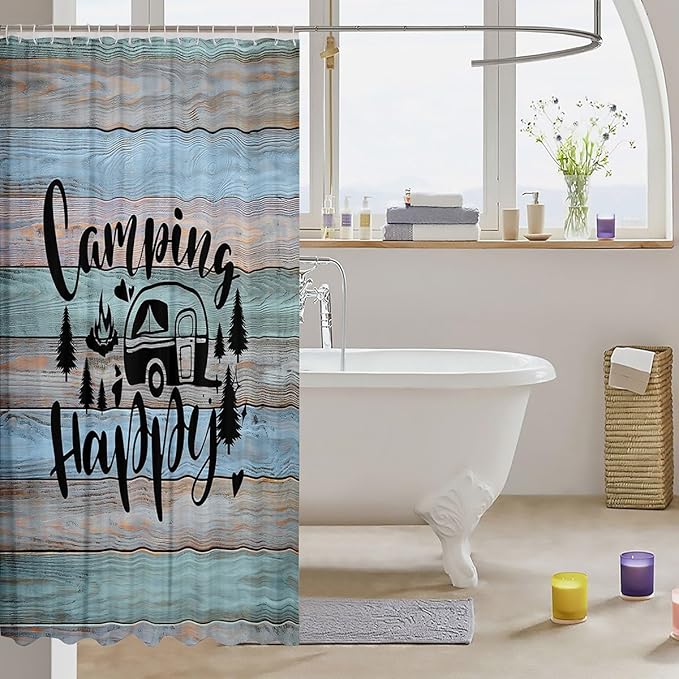 Feelyou Camper Bathroom Shower Curtain Set Happy Camping Bath Curtain Camping Shower Curtain Cartoon Camping Kids Bathroom Accessories 72"x72"