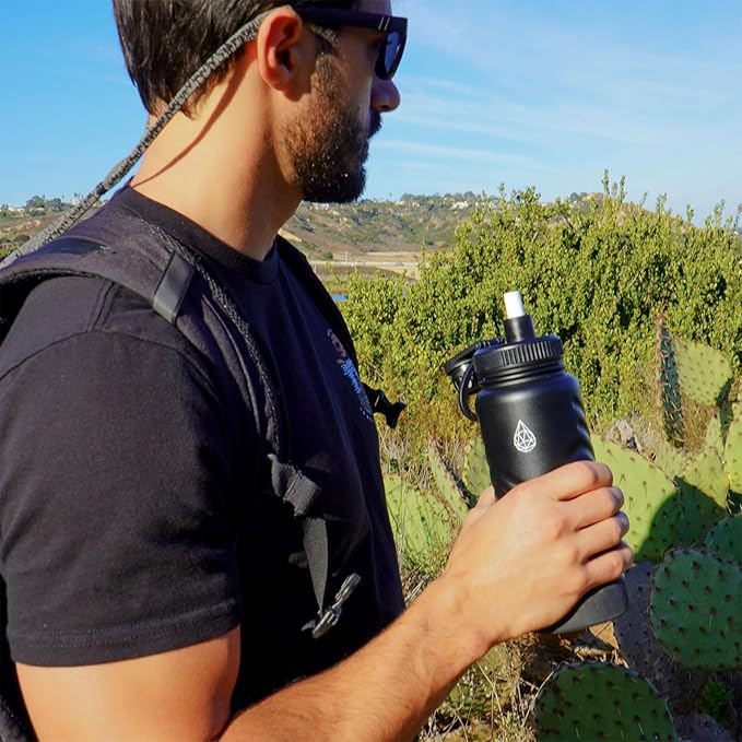 32 oz Insulated Water Bottle - Black Water Bottles with Straw (Spout Lid & Screw Top) & Silicone Boot & Flex Handle - Wide Mouth Stainless Steel Water Bottles - BPA Free - (Black, 1000ml)