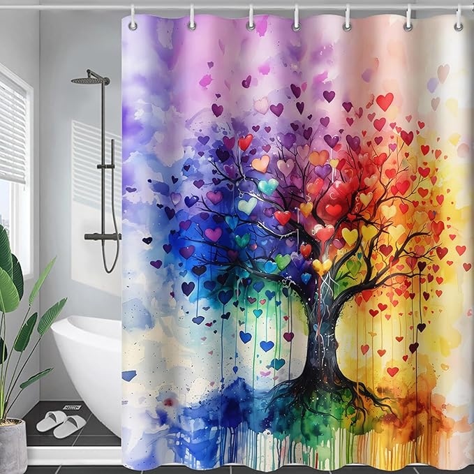 AILONEN Tree of Life Shower Curtain for Bathroom,Watercolor Hearts Tree Printed Waterproof Bath Curtain,Colorful Tree Leaves of Life Abstract Boho Shower Curtain 72" W x 84" H